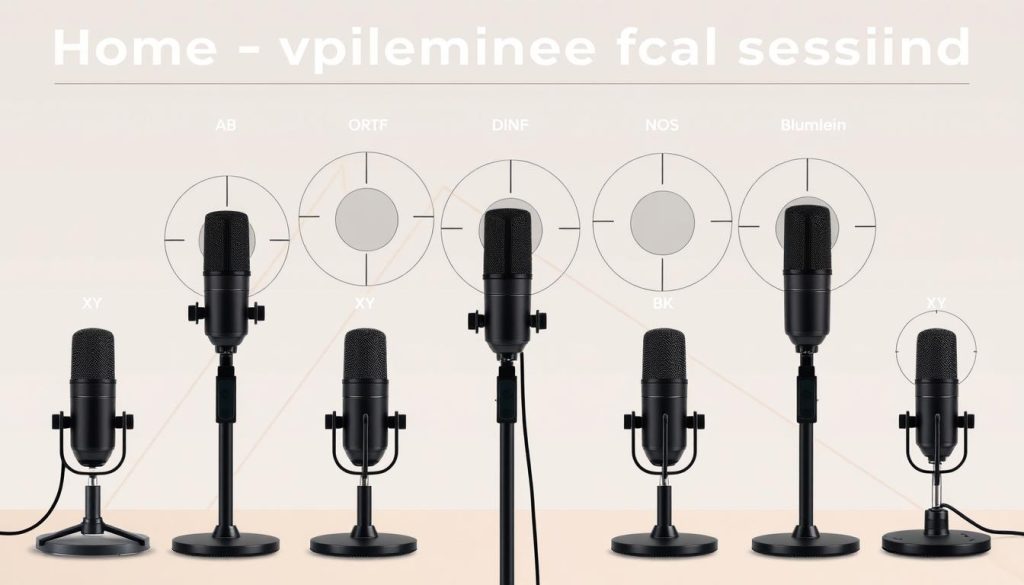A minimalist, technical illustration showcasing different stereo microphone techniques for home recording. In the foreground, various microphone pairs are arranged in AB, XY, ORTF, DIN, NOS, and Blumlein configurations, their polar patterns and positioning clearly visible. The middle ground features a clean, abstract backdrop with geometric shapes and lines, evoking the technical nature of the subject. The lighting is soft and even, highlighting the microphones without casting harsh shadows. The overall mood is informative and educational, inviting the viewer to explore the nuances of these classic stereo recording methods.