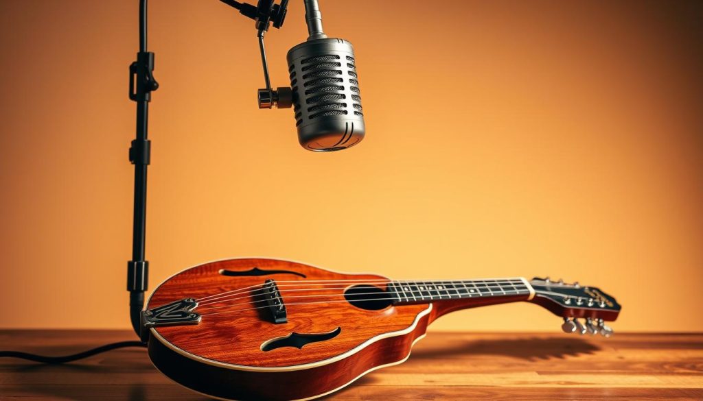A professional photo studio setup, showcasing a vintage stereo microphone positioned in front of a mandolin. The microphone has a classic silver design with a mesh grille, mounted on a sturdy boom stand. The mandolin is placed on a wooden table, its intricate fretboard and soundhole visible in detail. Warm, directional lighting illuminates the scene, casting subtle shadows and highlights the textures of the instrument. The background is a soft, neutral-toned backdrop, allowing the main subject to take center stage. The overall composition and lighting create a sense of intimacy and focus, perfectly suited for recording the unique timbre of the mandolin at home.
