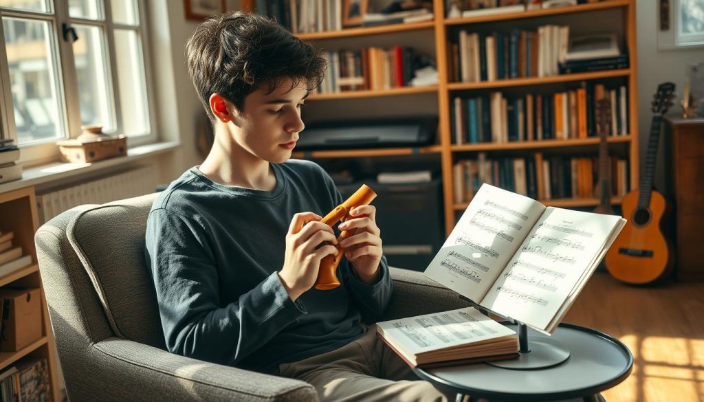 A serene indoor space filled with natural light, showcasing a young adult sitting on a comfortable chair, holding a beautifully crafted ocarina. The individual is focused, studying a sheet of music placed on a small table beside them. Soft shadows create a warm atmosphere, highlighting the gentle textures of the ocarina and the subtle notes of the sheet music. In the background, shelves filled with musical books and related instruments evoke a sense of learning and passion for music. The image is captured from a slightly elevated angle, emphasizing the ocarina while providing context of the cozy study environment. A sense of tranquility and concentration permeates the scene, inviting viewers to appreciate the journey of learning this wind instrument. A serene indoor space filled with natural light, showcasing a young adult sitting on a comfortable chair, holding a beautifully crafted ocarina. The individual is focused, studying a sheet of music placed on a small table beside them. Soft shadows create a warm atmosphere, highlighting the gentle textures of the ocarina and the subtle notes of the sheet music. In the background, shelves filled with musical books and related instruments evoke a sense of learning and passion for music. The image is captured from a slightly elevated angle, emphasizing the ocarina while providing context of the cozy study environment. A sense of tranquility and concentration permeates the scene, inviting viewers to appreciate the journey of learning this wind instrument.