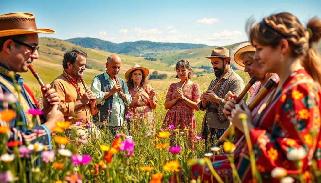 A serene outdoor scene depicting a variety of folk musicians playing ocarinas in a lush, sunlit meadow. In the foreground, a diverse group of musicians, dressed in colorful, traditional attire, includes men and women of various ages, captured mid-performance, deeply engaged in their music. The middle ground features vibrant wildflowers swaying gently in the breeze, creating a lively atmosphere. In the background, rolling hills and a clear blue sky invite a sense of peacefulness. Soft, natural lighting highlights the musicians' expressions, while a slight bokeh effect adds depth to the image, ensuring a warm and inviting mood that conveys the joy of folk music.