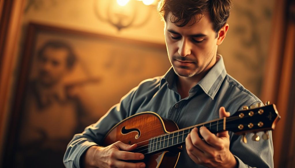 A talented Italian mandolinist, Gabriele Leone, captured in a warm, cinematic portrait. He stands in the foreground, his fingers gracefully plucking the strings of his intricate instrument. Soft, diffused lighting illuminates his focused expression, creating an intimate, meditative atmosphere. The middle ground features a blurred, vintage-inspired backdrop, hinting at the rich musical heritage of the mandoline. The composition is balanced, with Leone's figure positioned centrally, commanding the viewer's attention. An air of artistry and virtuosity surrounds this maestro of the mandoline, a true master of his craft.