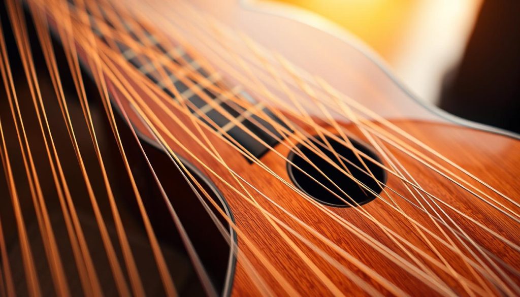 A vibrant array of classical guitar strings, their undulating patterns forming intricate motifs that dance across the frame. The mandoline, its sleek wooden body gleaming under warm, golden lighting, sits nestled amidst the tapestry of strings, a testament to the melodic potential that emanates from its graceful curves. The composition is balanced, with the strings filling the foreground and middle ground, while a softly blurred background lends a sense of depth and atmosphere, allowing the instrument to take center stage. The overall mood is one of musical contemplation, inviting the viewer to imagine the soulful melodies that could be coaxed from this timeless instrument. A vibrant array of classical guitar strings, their undulating patterns forming intricate motifs that dance across the frame. The mandoline, its sleek wooden body gleaming under warm, golden lighting, sits nestled amidst the tapestry of strings, a testament to the melodic potential that emanates from its graceful curves. The composition is balanced, with the strings filling the foreground and middle ground, while a softly blurred background lends a sense of depth and atmosphere, allowing the instrument to take center stage. The overall mood is one of musical contemplation, inviting the viewer to imagine the soulful melodies that could be coaxed from this timeless instrument.