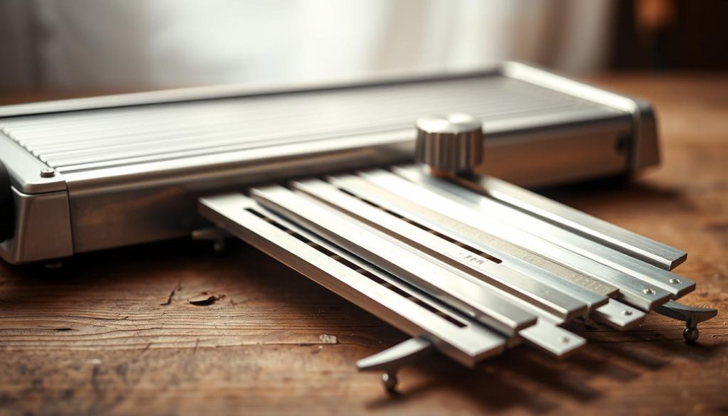 A vintage mandoline resting on a weathered wooden surface, its sharp stainless steel blades glinting under soft, diffused lighting. The mandoline's body has a classic, brushed metal finish, complemented by a sleek, ergonomic design. In the foreground, the blades are prominently displayed, showcasing their precise, razor-sharp edges and various slicing profiles - straight, julienne, and wavy. The middle ground features the mandoline's adjustable thickness knob, allowing for precise control over slice thickness. In the background, a soft, hazy blur evokes a sense of timeless craftsmanship and culinary expertise. A vintage mandoline resting on a weathered wooden surface, its sharp stainless steel blades glinting under soft, diffused lighting. The mandoline's body has a classic, brushed metal finish, complemented by a sleek, ergonomic design. In the foreground, the blades are prominently displayed, showcasing their precise, razor-sharp edges and various slicing profiles - straight, julienne, and wavy. The middle ground features the mandoline's adjustable thickness knob, allowing for precise control over slice thickness. In the background, a soft, hazy blur evokes a sense of timeless craftsmanship and culinary expertise.
