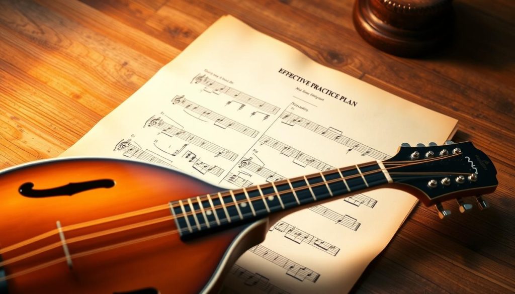 A vintage sheet music page featuring a detailed mandolin fingering diagram, illuminated by warm studio lighting and shot from a slight overhead angle. The foreground shows a sleek, polished mandolin, its intricate fretboard and strings prominently displayed. The middle ground depicts the sheet music, with clearly legible notation and fingering positions. The background features a softly blurred, textured surface, like aged wood or parchment, evoking a sense of timeless craftsmanship. The overall composition conveys a harmonious balance between the instrument, the musical notation, and the atmospheric setting, creating an inspiring and informative visual aid for the article's "Effective Practice Plan" section. A vintage sheet music page featuring a detailed mandolin fingering diagram, illuminated by warm studio lighting and shot from a slight overhead angle. The foreground shows a sleek, polished mandolin, its intricate fretboard and strings prominently displayed. The middle ground depicts the sheet music, with clearly legible notation and fingering positions. The background features a softly blurred, textured surface, like aged wood or parchment, evoking a sense of timeless craftsmanship. The overall composition conveys a harmonious balance between the instrument, the musical notation, and the atmospheric setting, creating an inspiring and informative visual aid for the article's "Effective Practice Plan" section.