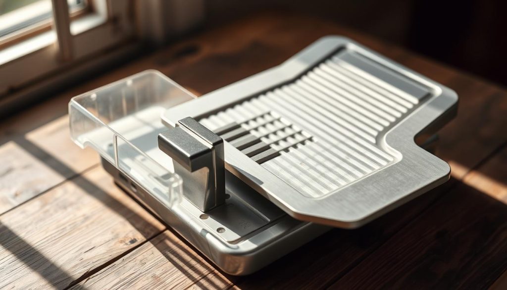 A vintage-style kitchen mandoline with a safety guard, its sharp blades gleaming under soft, natural light. The mandoline rests on a rustic wooden surface, casting subtle shadows. The composition highlights the tool's intricate mechanical design and tactile appeal, inviting the viewer to imagine its use in preparing fresh ingredients. The scene conveys a sense of timeless utility and craftsmanship, evoking the artistry of traditional culinary preparation. A vintage-style kitchen mandoline with a safety guard, its sharp blades gleaming under soft, natural light. The mandoline rests on a rustic wooden surface, casting subtle shadows. The composition highlights the tool's intricate mechanical design and tactile appeal, inviting the viewer to imagine its use in preparing fresh ingredients. The scene conveys a sense of timeless utility and craftsmanship, evoking the artistry of traditional culinary preparation.