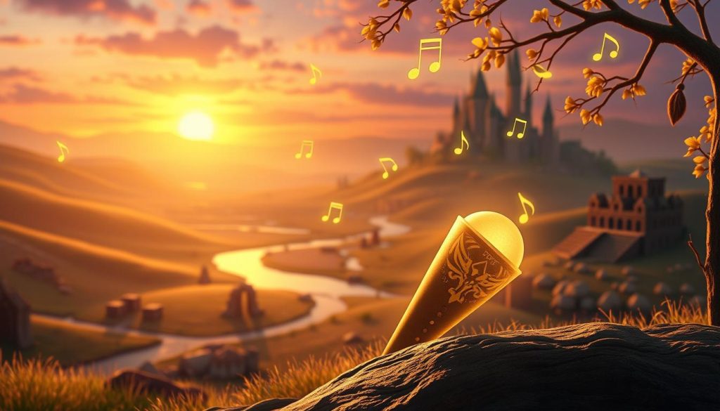 A whimsical and nostalgic depiction of iconic songs from The Legend of Zelda, focusing on an ocarina prominently displayed in the foreground, delicately crafted with intricate designs reminiscent of Hylian symbols. Surrounding the ocarina, musical notes drift through the air, softly glowing in a golden light. In the middle ground, the lush landscape of Hyrule unfolds, with rolling hills, ancient ruins, and a gentle river reflecting the warm sunlight. The background features a majestic castle silhouette against a twilight sky, painted in hues of purple and orange. The overall atmosphere is enchanting and magical, evoking a sense of adventure and wonder, inviting viewers to explore the music of this beloved game. Soft, diffused lighting adds a dreamlike quality to the scene, making it feel alive with melody.