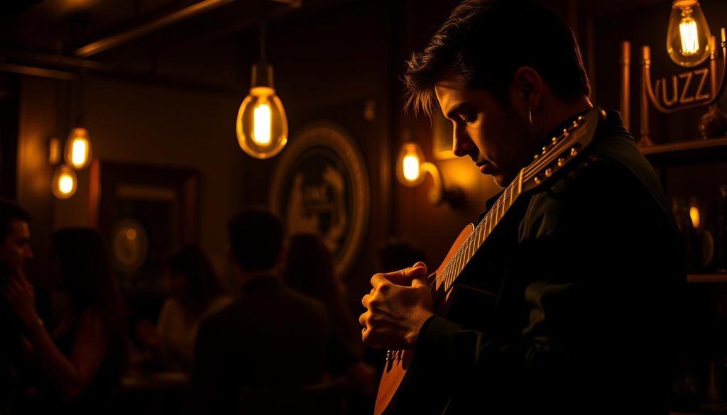 An intimate jazz cafe, dimly lit with warm Edison bulbs casting a golden glow. On stage, a skilled musician plucks the strings of a mandolin, their fingers dancing across the fretboard. Soft shadows play across their face, highlighting the intensity of their performance. The air is thick with the haunting, melancholic notes of a classic chanson, echoing through the intimate space. In the background, the silhouettes of patrons sway gently, lost in the captivating melodies. The scene exudes a sense of timeless elegance, where the traditional and the modern coexist in perfect harmony.