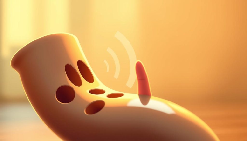 Create a detailed illustration of an ocarina, focusing on its unique holes and inner workings. In the foreground, depict the ocarina itself, highlighting its curves and the placement of its finger holes. Show close-up details of the holes with fingers in a playing position to illustrate sound production. In the middle ground, include sound waves emanating from the ocarina, visually representing the notes produced. The background should feature a soft, gradient color scheme to evoke a serene atmosphere, emphasizing the musical quality of the instrument. Use warm, natural lighting to create a cozy, inviting mood. Capture the image at a slight angle for depth and dimension, ensuring a professional and polished look. Create a detailed illustration of an ocarina, focusing on its unique holes and inner workings. In the foreground, depict the ocarina itself, highlighting its curves and the placement of its finger holes. Show close-up details of the holes with fingers in a playing position to illustrate sound production. In the middle ground, include sound waves emanating from the ocarina, visually representing the notes produced. The background should feature a soft, gradient color scheme to evoke a serene atmosphere, emphasizing the musical quality of the instrument. Use warm, natural lighting to create a cozy, inviting mood. Capture the image at a slight angle for depth and dimension, ensuring a professional and polished look.