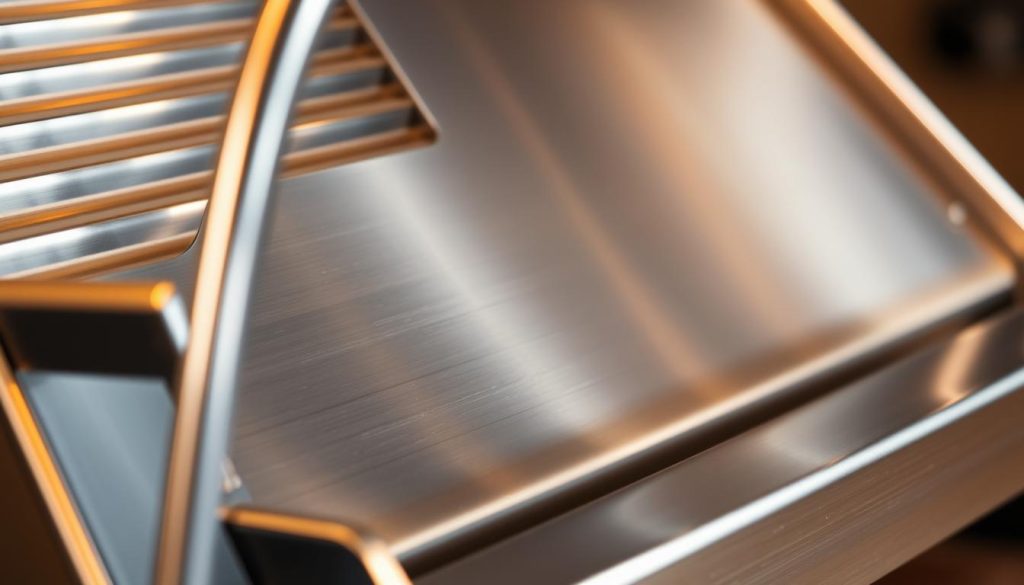 Stainless steel gleaming under warm studio lighting, reflecting sharp angles and curved surfaces. A close-up view showcasing the sleek, brushed metal texture and minimalist design of a vintage mandoline slicer. Highlights the sturdy, durable construction ideal for professional kitchen use, with a solid metal body and frame. Captures the high-quality, contemporary aesthetic that would complement a modern kitchen. Conveys a sense of precision, functionality, and timeless style. Stainless steel gleaming under warm studio lighting, reflecting sharp angles and curved surfaces. A close-up view showcasing the sleek, brushed metal texture and minimalist design of a vintage mandoline slicer. Highlights the sturdy, durable construction ideal for professional kitchen use, with a solid metal body and frame. Captures the high-quality, contemporary aesthetic that would complement a modern kitchen. Conveys a sense of precision, functionality, and timeless style.